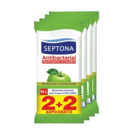 SEPTONA - Antibacterial Hand Wipes Green Apple Αντιβακτηριδιακά Μαντηλάκια Χεριών Πράσινο Μήλο (2+2 Δώρο) | 4×15τμχ