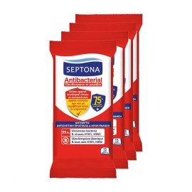 SEPTONA - Antibacterial Hand Wipes 75% Ethanol Αντιβακτηριδιακά Μαντηλάκια Χεριών 75% Οινόπνευμα (2+2 Δώρο) | 4×15τμχ