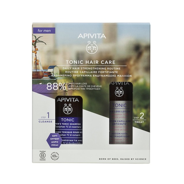 APIVITA - Promo Mens Tonic Hair Care Shampoo με Ιπποφαές & Δεντρολίβανο (250ml)  & Tonic Hair Loss Lotion με Hippophae TC & Πρωτεΐνες Λουπίνου (150ml)
