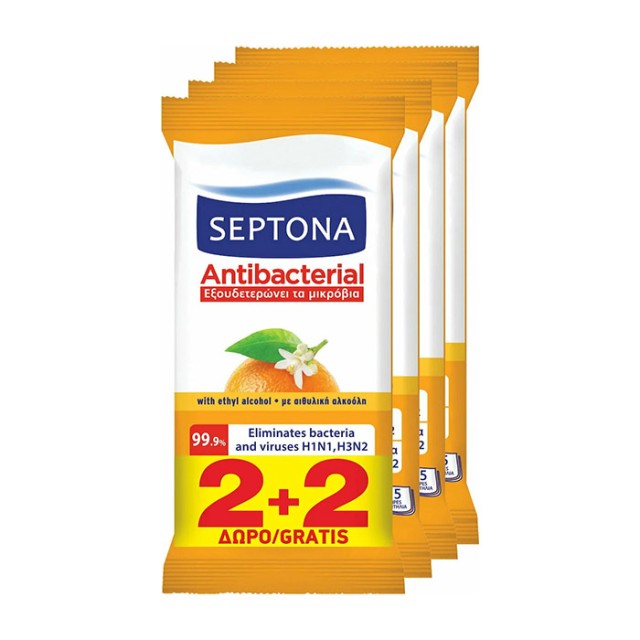 SEPTONA - Antibacterial Hand Wipes Orange Αντιβακτηριδιακά Μαντηλάκια Χεριών Πορτοκάλι (2+2 Δώρο) | 4×15τμχ