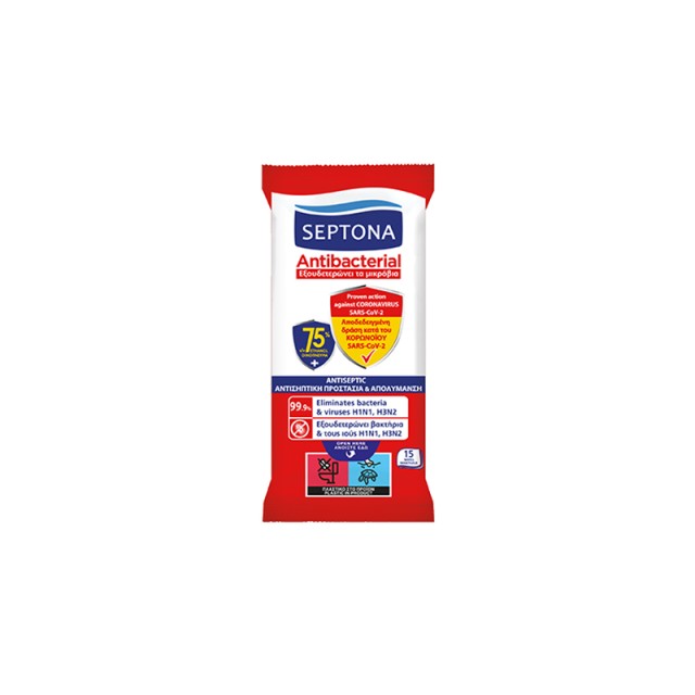 Septona Antibacterial Hand Wipes 75% Ethanol Αντιβακτηριδιακά Μαντηλάκια Χεριών 75% Οινόπνευμα 15τμχ