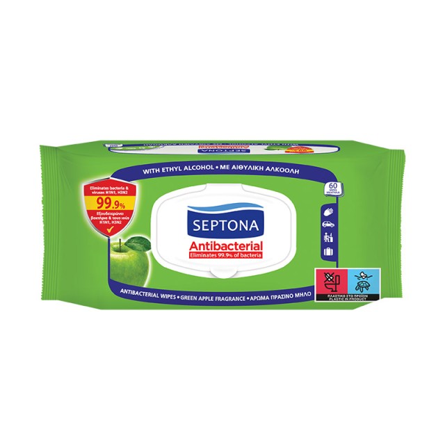 SEPTONA - Antibacterial Hand Wipes Green Apple Αντιβακτηριδιακά Μαντηλάκια Χεριών Πράσινο Μήλο | 60τμχ