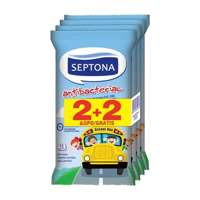 SEPTONA - Antibacterial Hand Wipes Kids on the go Αντιβακτηριδιακά Μαντηλάκια Χεριών (2+2 Δώρο) | 4×15τμχ