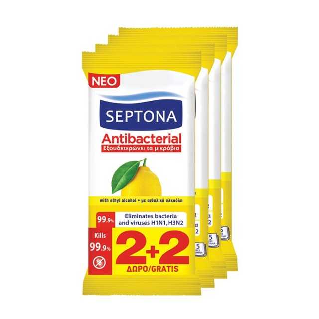 SEPTONA - Antibacterial Hand Wipes Lemon Αντιβακτηριδιακά Μαντηλάκια Χεριών Λεμόνι (2+2 Δώρο) | 4×15τμχ