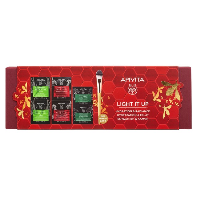 APIVITA - Promo Light It Up Express Beauty Face Mask Aloe (2x8ml) & Face Mask Pomegranate (2x8ml) & Eye Mask Ginkgo Biloba (2x2ml) & Πινέλο Εφαρμογής Μάσκας Προσώπου (1τμχ)