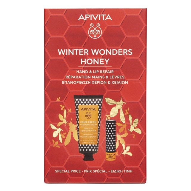 APIVITA - Promo Winter Wonders Honey Hand Cream Κρέμα Χεριών Εντατικής Ενυδάτωσης με Υαλουρονικό Οξύ & Μέλι (50ml) & Lip Care Bio-Eco Honey (4.4gr)